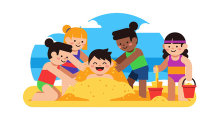 Joyful Kids Building Sandcastle Together During Happy Beachside Summer Vacation