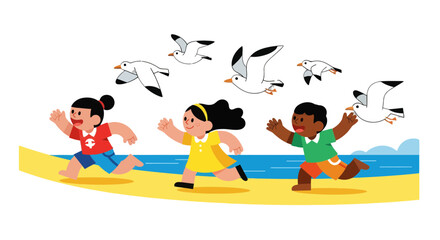 Joyful Kids Chasing Seabirds At The Beach Under A Dark Evening Sky Scene