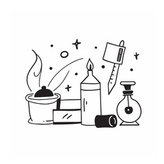 Doodle illustration of laboratory equipment and candle with sparkles isolated on white background isolated on transparent background silhouette