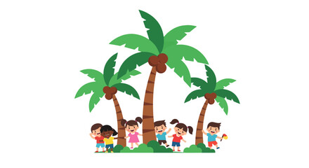 Joyful Kids Enjoying Tropical Times Under Palm Trees in a Playful Cartoon Scene