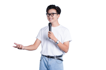 Microphone Presentation: A confident individual stands poised, presenting with a microphone in hand, exuding energy and charisma.