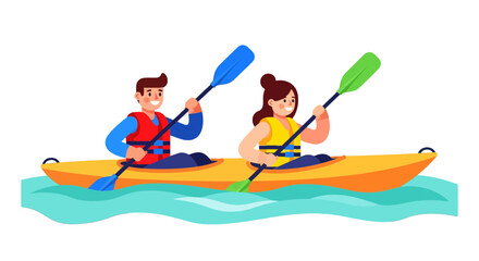 Kayak Adventure With Couple: Joyful Paddling on Calm Water in Vibrant Illustration
