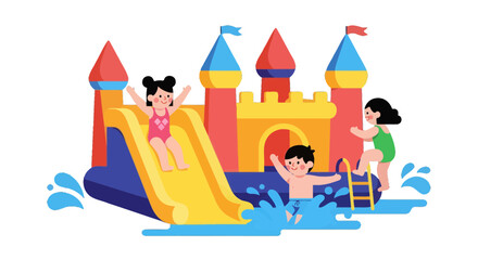 Joyful Kids Having Fun On A Vibrant Inflatable Water Slide And Castle