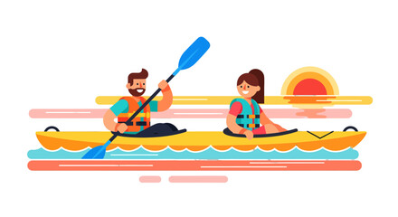 Kayak Adventures: Couple Enjoying Paddle in Sunlit Waters and Blissful Sunset