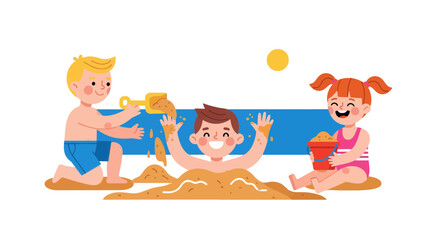 Joyful Kids Playing At The Beach, Enjoying Sand And A Sunny Summer Day