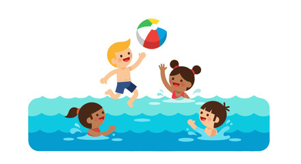 Joyful Kids Playing Beach Ball at The Poolside with Cartoon Illustration
