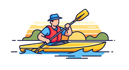Kayaker Paddling Across Water at Sunset Illustration Perfect for Outdoor Adventures