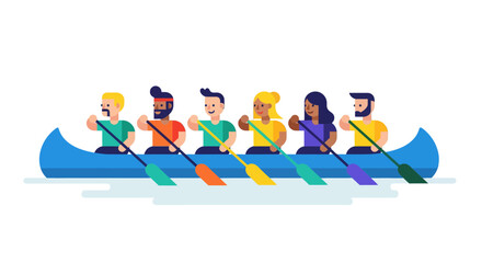 Kayak Team Illustration: Animated Athletes Paddling On The Water For Recreation And Sport