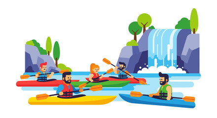 Kayakers Adventuring Near A Scenic Waterfall On A Sunny Day Under Clear Skies