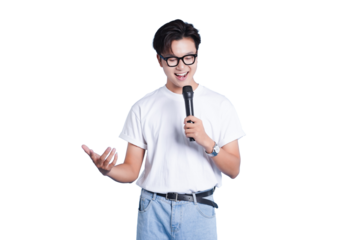 Young Speaker with a Microphone: An intellectual young speaker with stylish glasses captivates the audience with dynamic gestures, holding a microphone.