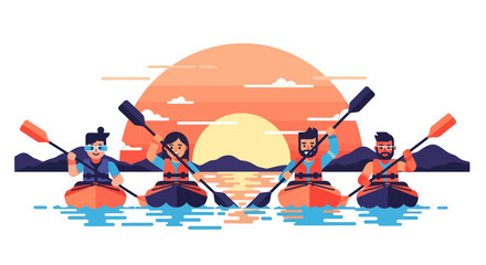 Kayakers Adventuring On The Water During Sunset With Their Kayaks Paddle and Life-Jackets