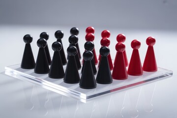 Strategic game pieces in black and red showcase competitive business strategy and choices, illustrating a clear path to success with bold leadership