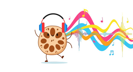 Joyful Lotus Root Character Enjoys Music with Colorful Sound Waves on Black Background