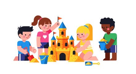 Kids Creating A Detailed Sandcastle On The Beach With Bright Colors And Cheerfulness