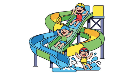 Kids Enjoying Water Slides At A Waterpark Against Black Background Cartoon Illustration