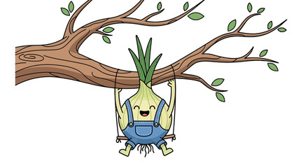 Joyful Onion Character Enjoying A Swing Attached To A Tree Branch In A Whimsical Illustration