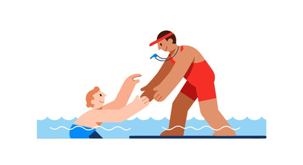 Lifeguard Helping A Swimmer In The Water, Safety, And Assistance, Abstract Illustration