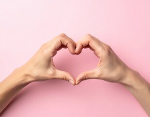 Obraz premium Two graceful hands elegantly form a beautiful heart shape, conveying sentiments of love, warmth, and compassion against a soft pink backdrop.