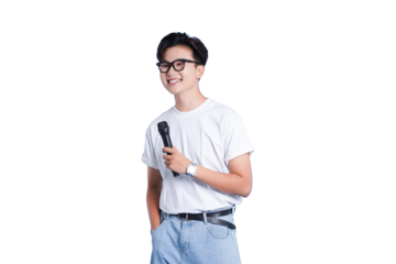 Young Man with Microphone: A young man with glasses holding a microphone, appearing to be confident.
