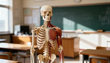 A detailed human skeleton and muscle model used for educational purposes in a bright classroom setting.