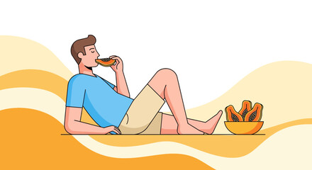 Man Enjoying a Slice of Papaya While Relaxing on the Beach In a Tropical Paradise