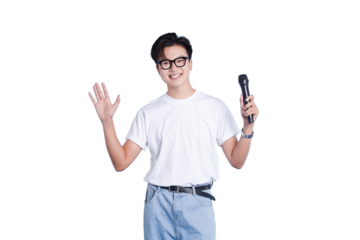Enthusiastic Speaker with Microphone: A charismatic individual, radiates confidence as he holds a microphone and waves to the audience. This image portrays enthusiasm and approachability.