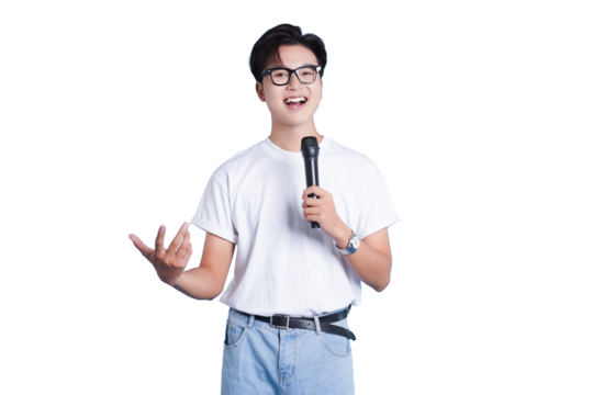 The Orator's Enthusiasm: A confident individual stands ready to address an audience, gripping a microphone and exuding an air of poise and enthusiasm.