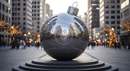 Elegant city Christmas ornament shines, reflecting festive cheer and holiday spirit in urban landscape, perfect for seasonal campaigns and heartwarming greetings