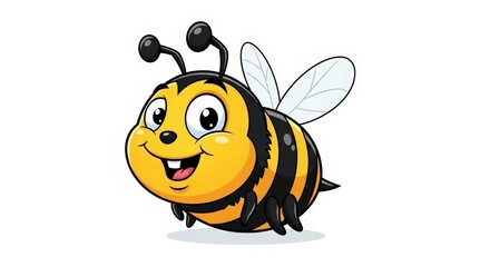 Obraz premium A cute, happy, chubby cartoon bee with black and yellow stripes, big eyes, and translucent wings, smiling cheerfully on a white background.