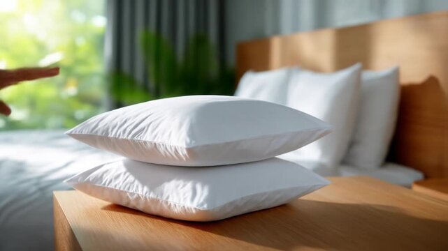 Stack of white pillows on bedside table near bed with hand