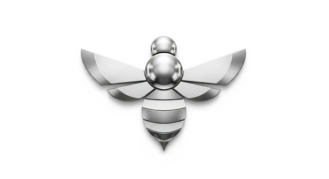 A sleek, metallic, and highly stylized bee icon with a silver finish, presented on a clean white background.