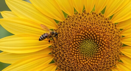 Obraz premium A close-up shot of a honeybee diligently collecting nectar and pollen from the vibrant yellow center of a large sunflower.