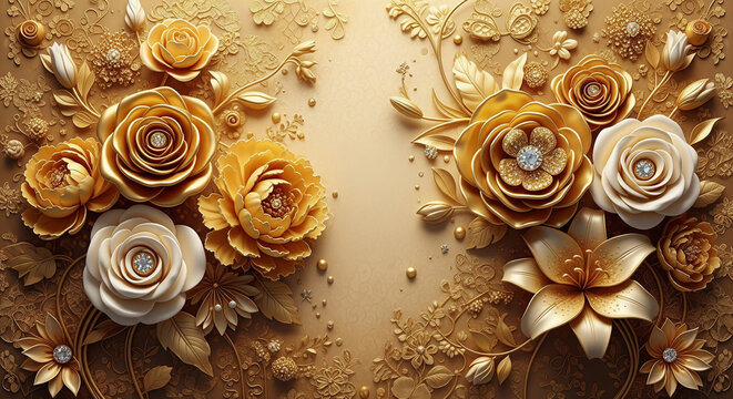 Luxurious 3D golden floral wallpaper Oversized Golden Floral Bloom. 3D Wall Mural. floral landscapes. 3d floral art