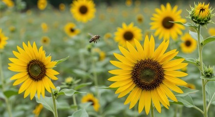 Naklejka premium A vibrant field of bright yellow sunflowers with a bee flying between them under natural light.