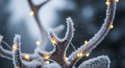 Magical winter wonderland scene with frosted reindeer antlers illuminated by delicate fairy lights, creating a cozy, festive atmosphere for holiday projects