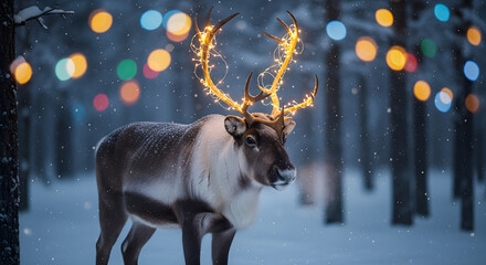 Enchanting reindeer with illuminated antlers in snowy winter wonderland, bringing festive cheer and magical holiday spirit to your seasonal celebrations