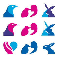 Obraz premium Abstract vector graphic set with modern two-tone animal and human profile icons including birds, rabbits, and heartfelt connections.