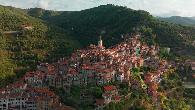 Aerial view of the picturesque hilltop town of Apricale, Liguria, Northern Italy