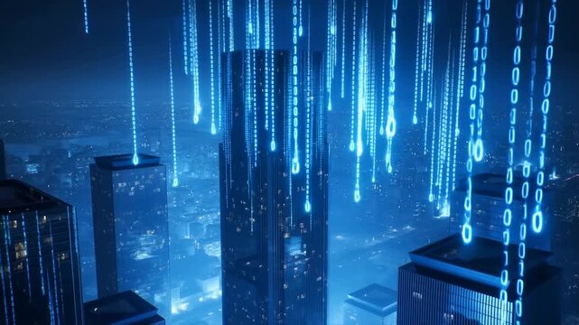 A Stunning Nighttime Cityscape with Tall Skyscrapers Illuminated by a Glowing Blue Light and Data Streams, Creating a Futuristic Atmosphere