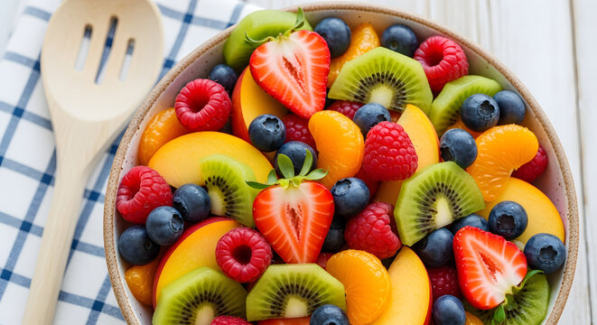 Fruit Salad with Strawberries, Kiwi, Raspberries, Oranges and Blueberries - Powered by Adobe
