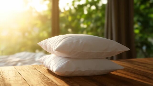 Stack of pillows on wooden table near window with natural light background