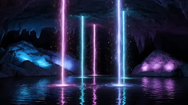 Mystical light beam waterfall descending into a dark grotto lake