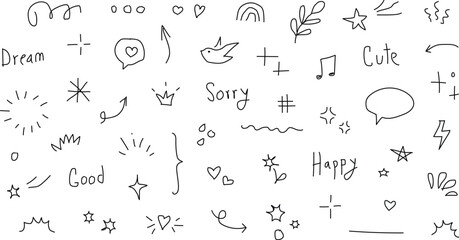 Hand drawing Line arrow, star, heart cute icon elements. Hand drawn sketch heart, arrow, star, flower decoration symbols. Simple sketch line style emphasis, attention, graphic elements. 