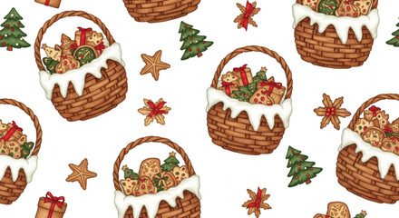 Christmas Cookie Gift Basket Seamless Pattern – Festive Holiday Treat Illustration Background