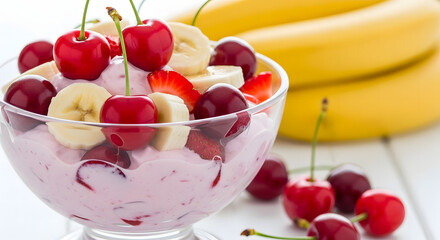 Fresh cherry banana strawberry yogurt parfait in glass cup