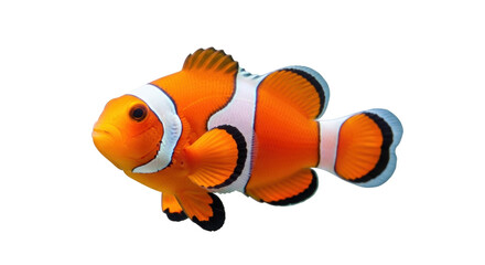 Isolated Clownfish swimming profile view with distinct orange, black, and white colors