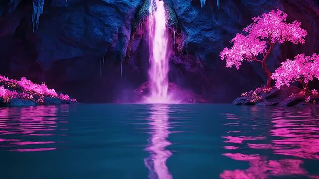 Bioluminescent purple waterfall in a dark fantasy cavern