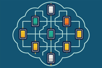 Intricate brain structure composed of glowing mobile phone screens, augmented with vibrant battery charge indicators.