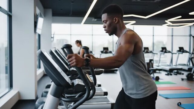 Muscular man exercising on elliptical machine in modern fitness center