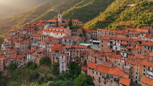 Aerial view of the picturesque hilltop town of Apricale, Liguria, Northern Italy